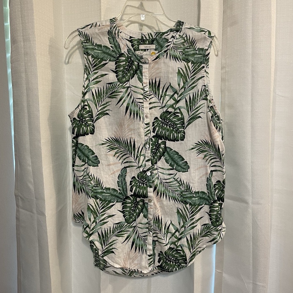 C&C California Palm Leaf 100% Linen Tank Green White Button Front Size Large